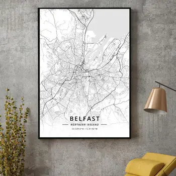 Melnā un Baltā Belfāstā, Ziemeļīrijā Platuma / Garuma grādi Audekls Mākslas Karti Plakāts