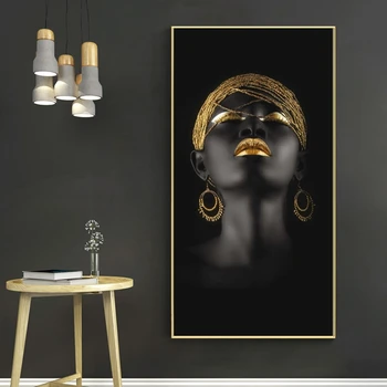 Melnā un Zelta Āfrikas Pliks Sieviešu Audekla Apgleznošana Sienu, Mākslas Plakāti un Izdrukas Skandināvijas Cuadros Attēlu Dzīvojamā Istaba Dekori