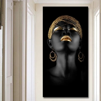 Melnā un Zelta Āfrikas Pliks Sieviešu Audekla Apgleznošana Sienu, Mākslas Plakāti un Izdrukas Skandināvijas Cuadros Attēlu Dzīvojamā Istaba Dekori