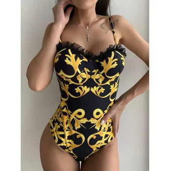 Mežģīnes Ir 2021. Sexy Sievietes Viengabala Peldkostīms Sieviešu Zelta Drukāt Sandales Brazīlijas Push Up Peldkostīmi, Monokini Peldkostīms Beachwear