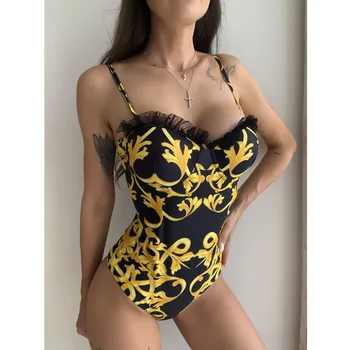 Mežģīnes Ir 2021. Sexy Sievietes Viengabala Peldkostīms Sieviešu Zelta Drukāt Sandales Brazīlijas Push Up Peldkostīmi, Monokini Peldkostīms Beachwear