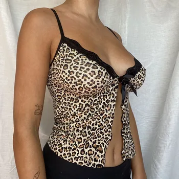 Mežģīnes Priekšgala Raibs Sadalīt Y2K Kultūraugu Top Sievietes Leopards Drukāt Sexy Piedurknēm Kluba Puses Tērpiem Bodycon Gudrs Camis Meitenes Iamhotty