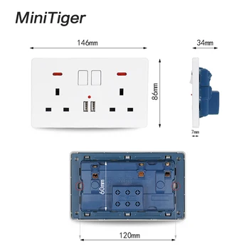Minitiger Sienas Kontaktligzda ar zemējuma kontaktu Divvietīga UK Standarta Kontaktligzdas, Komutācijas 2.1 Dual USB Lādētāja Ports LED indikators 146mm*86mm Baltā Krāsā