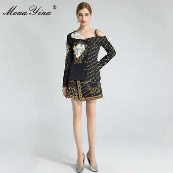 MoaaYina Modes Uzstādīt Pavasara Sieviešu Pie pleca ar garām piedurknēm Topi+Baroka Drukāt Asimetriski Svārki melnā Sexy divdaļīgs kostīms