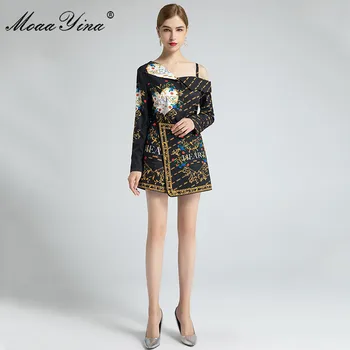 MoaaYina Modes Uzstādīt Pavasara Sieviešu Pie pleca ar garām piedurknēm Topi+Baroka Drukāt Asimetriski Svārki melnā Sexy divdaļīgs kostīms