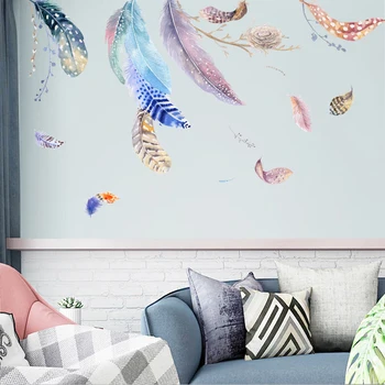 Modernā stilā Krāsains spalvu Sienas Uzlīmes uz Dzīvojamās istabas dīvāna TV fona sienu apdare, Sienas Uzlīmes tapetes, uzlīmes
