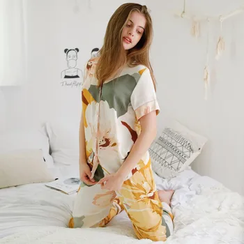 Modes Dzeltena Ziedu Viskoze Sieviešu Īsām Piedurknēm Pajama Komplekti Pavasara Vasaras Ikdienas Garās Bikses Sleepwear Kostīmi, Mājas Drēbes