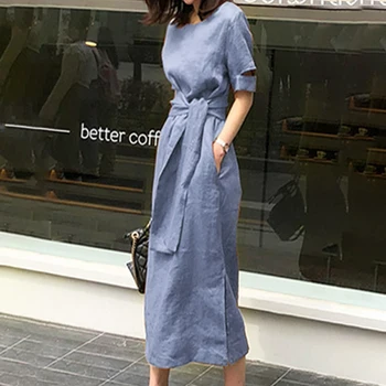 Modes Elegants korejas Gara Kleita Sky-blue Sieviešu Mežģīnes Up Dobi Sadalīt Jostas Šiks Iela Ceļojumu Vasaras 2020. Gadam Gadījuma Maxi Kleitas