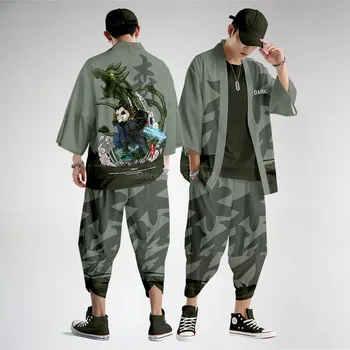 Modes Harajuku Apģērbu Japāņu Stilā Vīriešiem Vīriešu Zaudēt Īsas Kimono Piedurknes Top Bikses Bikses Atpūtas Drukāšanas Streetwear