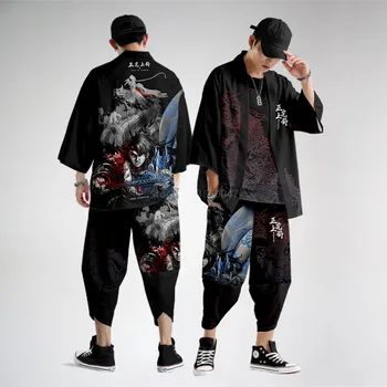 Modes Harajuku Apģērbu Japāņu Stilā Vīriešiem Vīriešu Zaudēt Īsas Kimono Piedurknes Top Bikses Bikses Atpūtas Drukāšanas Streetwear