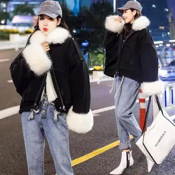 Modes Korejas Sabiezēt Sieviešu Džinsu Jaka, Ziemas 2020 Garām Piedurknēm Lielas Kažokādas Apkakles Silts Dāmas Džinsa Auduma Žaketes Virsdrēbes