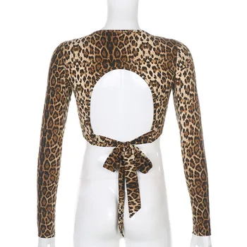 Modes Leopards Izdrukāt Backless Crop Topi, Sieviešu Sexy Dee V-veida kakla ar garām Piedurknēm Tshirts Harajuku Vintage Y2K Estētisko Tees Drēbes