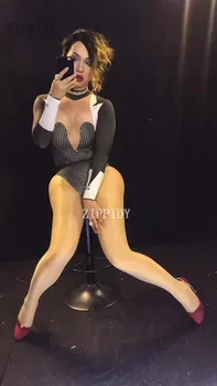 Modes Sexy Black Posmā Skolotāju Smokings Kostīmu Rhinestones Leotard Apģērbs Puses Svinēt Valkāt Dziedātāja Sniegumu