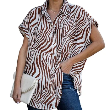 Modes Sievietes Svītrainām Atloks Krekls Zaudēt Īstermiņa Piedurknēm Viena Krūtīm Kreklu Šifona Jaciņa Apģērbi