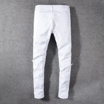 Modes Streetwear Vīriešu Džinsi Baltā Krāsā Slim Fit Iznīcināta Ripped Džinsi Vīriešu Atšķirīgās Dizainers Elastīgs Hip Hop Džinsu Bikses
