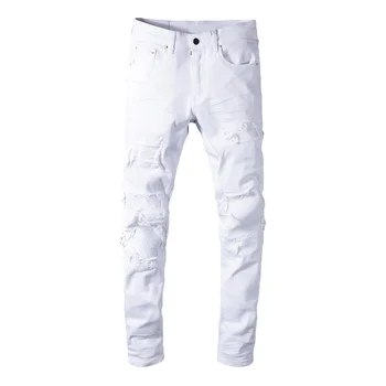 Modes Streetwear Vīriešu Džinsi Baltā Krāsā Slim Fit Iznīcināta Ripped Džinsi Vīriešu Atšķirīgās Dizainers Elastīgs Hip Hop Džinsu Bikses