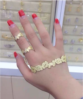 Modes Zelta Rokas plaukstu aproce ar ķēdi, gredzenu Saiti Dubultu Gredzenu palmu Aproce juvelierizstrādājumu komplekts rokas ķēdes gredzens par mīlestību