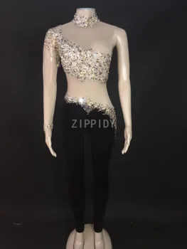 Multi-krāsu Rhinestones Bārkstis Caurspīdīga Uzmava Jumpsuit Melna Samta Stulpiņi Deju Apģērbs Bārs Dziedātājs Wear Apģērbs