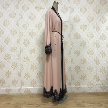 Musulmaņu Abaya Kleita Sievietēm Eleganto Dimanta Mežģīnes Up Ilgi Drēbes Kimono Kaftan Dubaija Turcija Islāma Eid Puse Cafan Hijab Vestidos