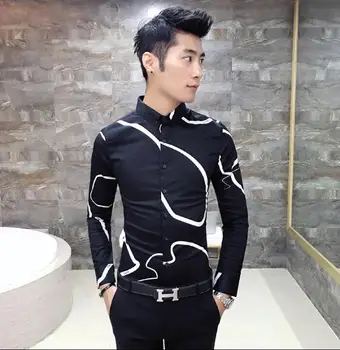 M~3XL 2020 Vīrieši Jaunu Modes personības ģeometrisko dizainu slim friziera gadījuma long piedurknēm krekls kostīmi