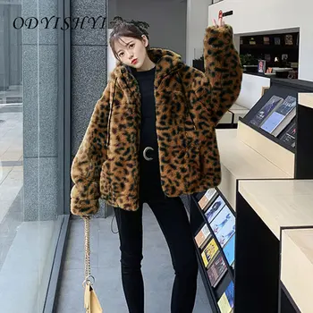 Mākslīgās Kažokādas Mēteļi, Sieviešu Apģērbs, Bieza Ziemas Plus Lieluma Zaudēt Siltu Outwear Imitācija Ūdeļu Vilnas Gadījuma Leopard Kapuci Jaka Parka