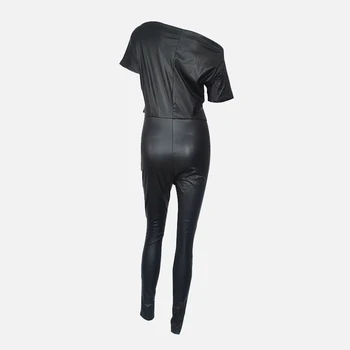Mākslīgās PU Ādas Vienu Plecu Sieviešu Ar Jostu Jumpsuits Sexy Black Bodycon Sieviešu Jumpsuit Ir 2021. Streetwear Modes Dāma Romper