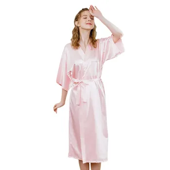 Mākslīgās Zīda Kimono Sieviešu Peldmētelis, Līgava, Līgavas Kāzu Tērpu Kleita Sievietēm Ilgi Sleepwear M-2XL