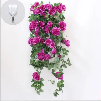 Mākslīgās rožu sienas karājas, karājas grozā Viltus ziedu rotājumu kāzu svinības ziedu string Zaļie augi