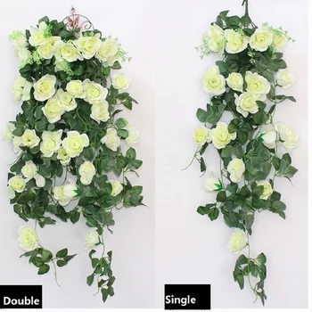 Mākslīgās rožu sienas karājas, karājas grozā Viltus ziedu rotājumu kāzu svinības ziedu string Zaļie augi