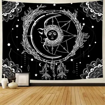 Mēness un Saules Psychedelic Bohēmijas Mandala Sienas Gobelēns, Baltā un Melnā Indijas Hippy Debess Gobelēns