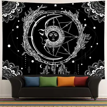 Mēness un Saules Psychedelic Bohēmijas Mandala Sienas Gobelēns, Baltā un Melnā Indijas Hippy Debess Gobelēns