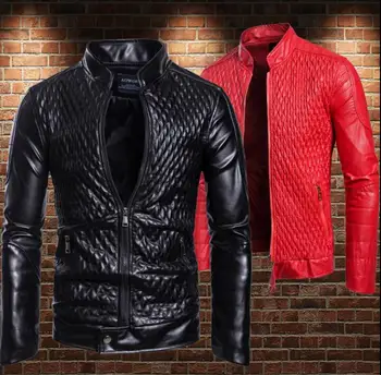 Mīksti ādas motociklu jaka vīriešiem Rhombus modelis līnijas Žakarda stereo drēbes, vīriešu ādas jakas ikdienas mēteļi stand apkakli