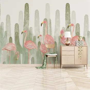 Mūsdienu minimālisma roku apgleznoti flamingo augu kaktusu tapetes tapetes, sienas profesionālās ražošanas tapetes, sienas pasūtījuma pho