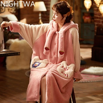 NIGHTWA Nightdress Rudens Ziemas Flaneļa Live Broadcast Plīša Vaļīgas Drēbes Jauki Princese Stila Mājas Kleita Gara Kleita Ziemā Silts