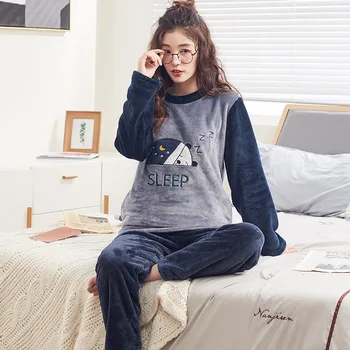 NIGHTWA Pajama Komplekti Karikatūra Drukāšanas O-veida Kakla Jauki Plus Samta Biezāka Ziemā silts Sleepwear Pidžamas Sieviešu korejiešu Stilā, Moderns