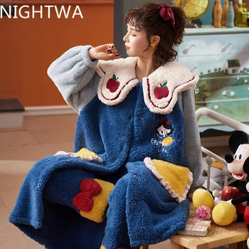NIGHTWA Ziemas Siltas Pidžamas komplekts Sievietēm ar garām Piedurknēm Naktskrekls Kapuci Flaneļa Nightgowns NightDress Sleepwear Cute Princese komplekts