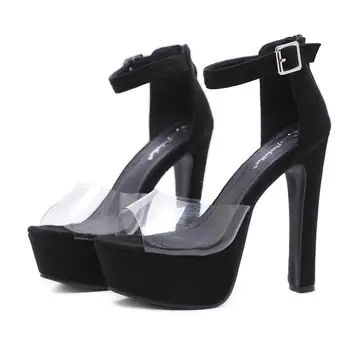 NIUFUNI 2020 Jaunu Sexy Caurspīdīgs augstpapēžu kurpes Sieviešu Sandales Potītes Siksna 14cm Bieza Papēža Platformas Kurpes Ganāmpulka Vasaras Kurpes Sieviete