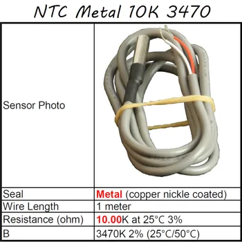 NTC temperatūras sensors, Metāla blīvslēgiem, 10.00 K omi pie 25C, B=3470K (25C/50C), Stieples garums 1 metrs, Lilytech