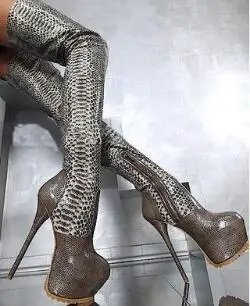 Nakts kluba dāmas python ādas 16 cm augsta ellē pār-the-ceļgala gari zābaki multi-krāsu platformas duncis papēdi augšstilba augstpapēžu kurpes