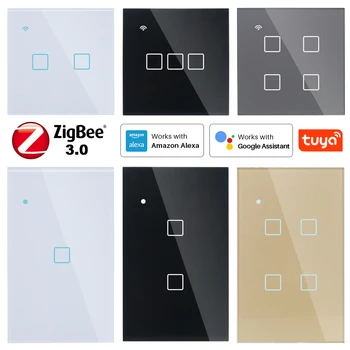 Nav Neitrāla ZIGBEE Touch Gaismas Sienas Slēdzi ES/ASV Balts Stikls Zils LED TUYA Smart Home Tālrunis 2Way/3Way Par Alexa, Google Home Alise