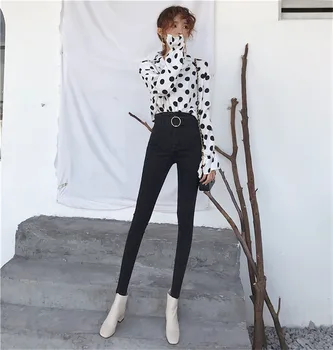 Nekustamā shot sieviešu slim novājēšanu kājām zīmuli bikses 2019 retro modes dizains, augsta vidukļa džinsus ar jostu