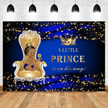 NeoBack Princis Baby Dušas Fons Royal Blue Zelta Karaļa Krēsla Vainagu Foto Fona Mirdzēt Punkti Etniskā Bērnu BoyBackdrops