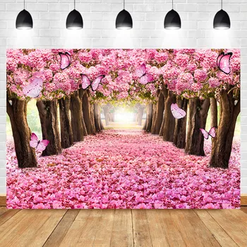 Neoback Rozā Ziedu Koki Romantisks Fons Ziedu Tauriņu Foto Backdrops Enchanted Meža Dzimšanas Dienas Svinības Backdrops