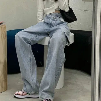 Neregulāru Caurumu Augsta vidukļa Džinsus Sieviešu Taisni kāju Zaudēt korejas Modes Visu maču Gadījuma Vintage Džinsa Bikses Streetwear Dienas