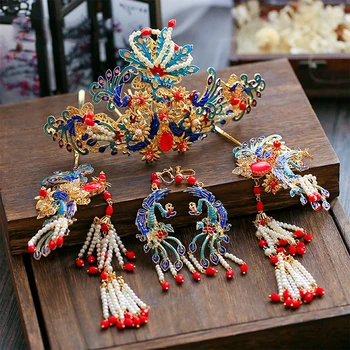 NiuShuya Augstas Kvalitātes Roku Darbs Ķīnas Vintage Stila Kāzu Galvassegu Retro Ķīnas Zilā Phoenix Coronet Matu Ornamentu, Piederumu,