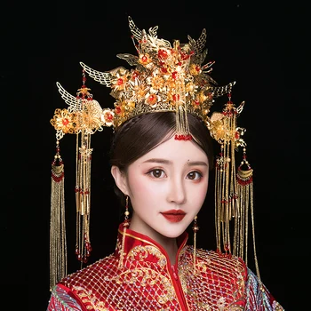 NiuShuya Jaunā Luksusa Ķīnas Zelta Kāzu Kronis Auskari Seno Līgavas Hairwear Ilgi Pušķis, Kāzu Rotas, Matu Piederumus