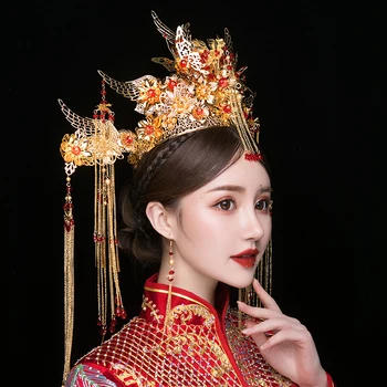 NiuShuya Jaunā Luksusa Ķīnas Zelta Kāzu Kronis Auskari Seno Līgavas Hairwear Ilgi Pušķis, Kāzu Rotas, Matu Piederumus