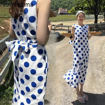 Nomikuma Kokvilnas Veļa Dot Vintage Kleita bez Piedurknēm Sievietēm Slaids Viduklis Mežģīnes Up Svētku Kleitas korejiešu Stilā, Vasarā Jaunu Tērpu 3b120