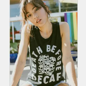 Nāves Pirms Decaf Sievietēm Kafijas Cienītājs Topi Plus Lieluma Kokvilnas Krekls Bez Piedurknēm Vasaras Vintage Galvaskausa Drukāt Smieklīgi Tshirt Sieviete
