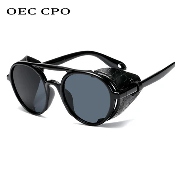 OEC CPO Jaunu Vīriešu Steampunk Saulesbrilles, Vīriešu Ādas Punk Apaļas Saulesbrilles Sieviešu Vintage Toņos Augstas Kvalitātes UV400 O74